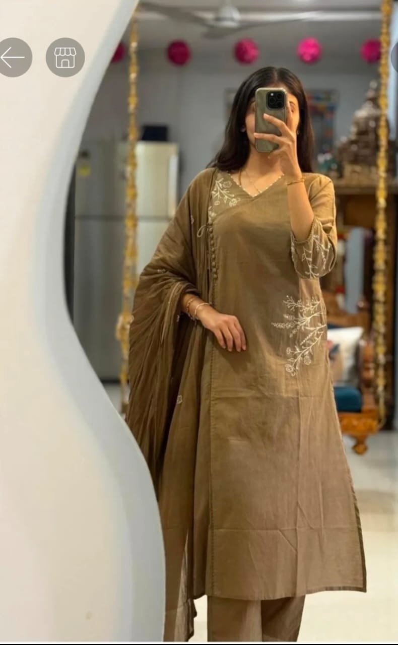 Olive Brown Cotton A-Line Kurti Pant Dupatta Set